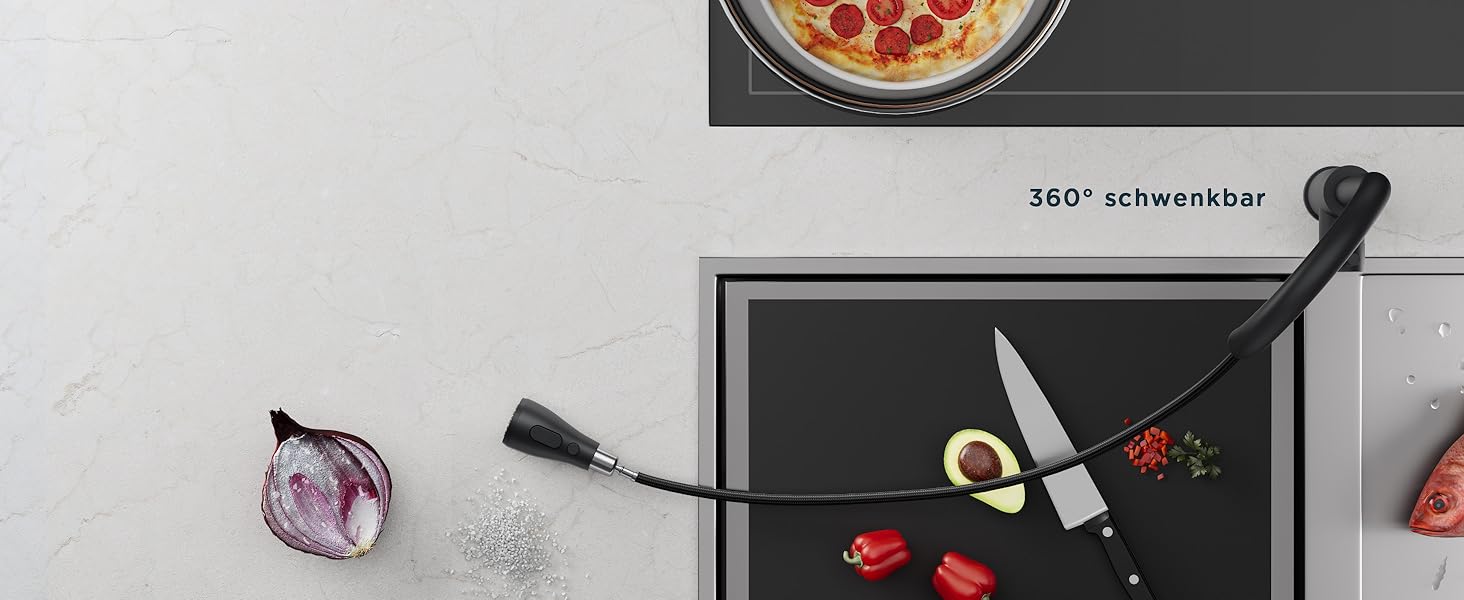 Кран кухонний FORIOUS з висувною лійкою, 360° обертання, 2 режими, матовий чорний