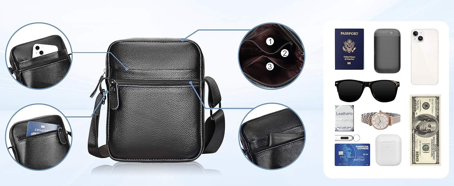 Чоловіча сумка через плече Leathario з натуральної шкіри, велика місткість, чорна