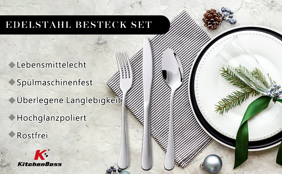 Набір столових приборів KitchenBoss на 6 осіб (30 предметів), нержавіюча сталь, придатний для миття в посудомийній машині, сріблястий