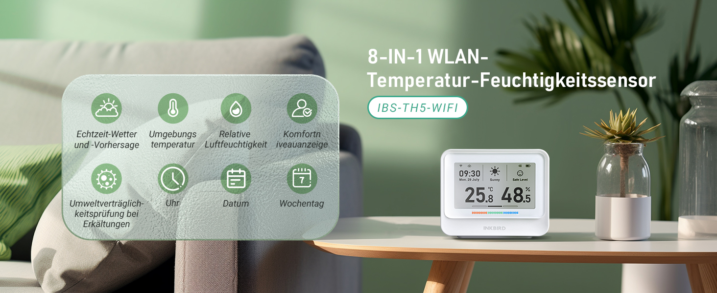 WiFi-термометр і гігрометр INKBIRD IBS-TH5, 8-в-1, з електронним чорнильним дисплеєм, прогнозом погоди, керуванням через додаток і сповіщеннями для дому