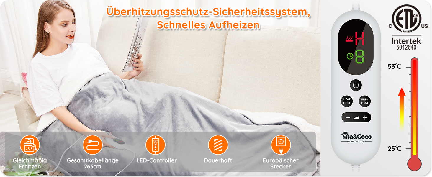 Електрична ковдра Mia&Coco з автовимкненням 180x130 см, 10 температурних режимів, таймер 9 годин, захист від перегріву, пральна машина, фланелева ковдра для ліжка, дивана та вітальні, сіра (130x160 см, сіра)