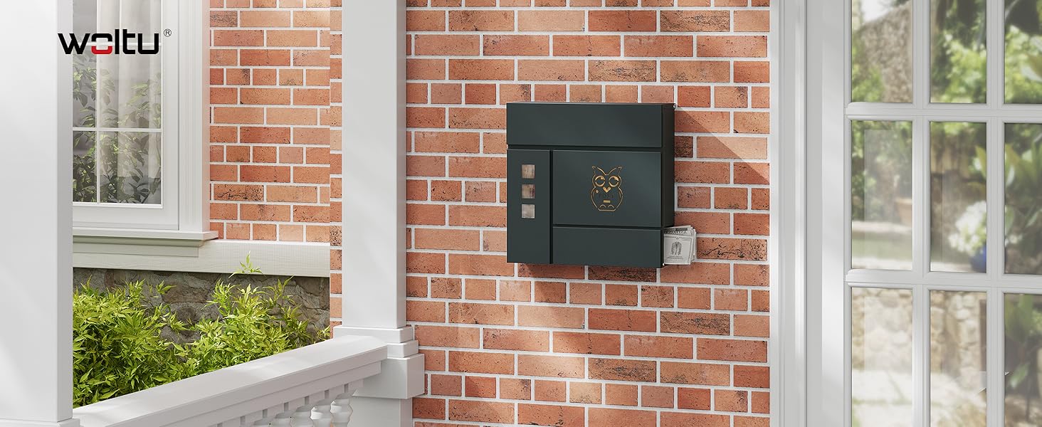 Поштова скринька WOLTU XXL з газетницею, оглядовим вікном, замком та 2 ключами, антрацит+жовтий (10,5x37x37 см)