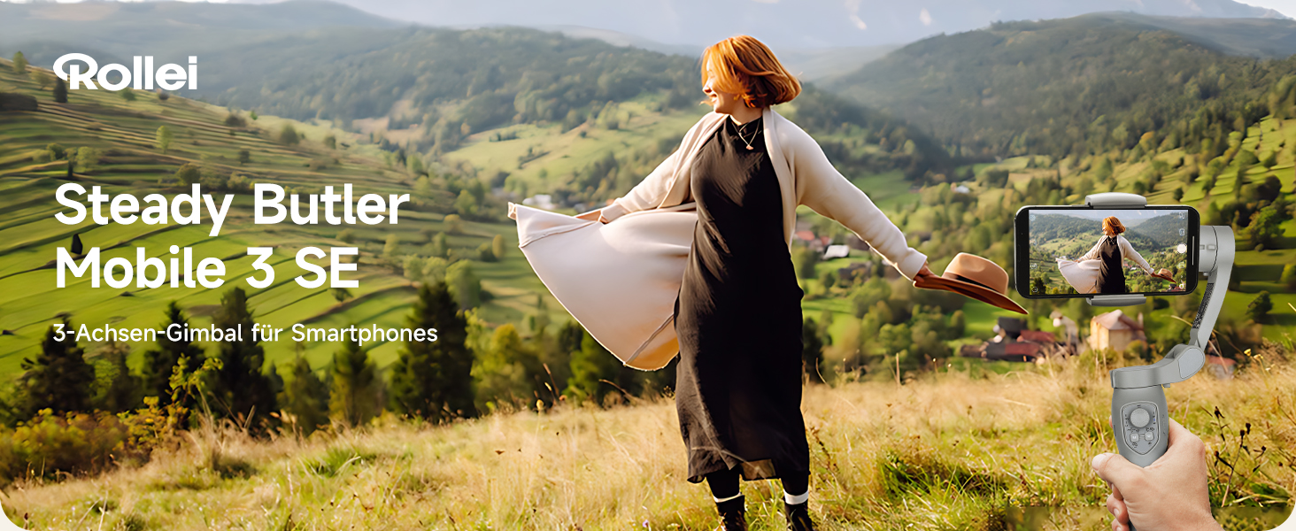 Rollei Steady Butler Mobil 3 SE: Gimbal для смартфонів з 3-осьовою стабілізацією, 280г, керування через додаток, сумісний з iPhone та Android