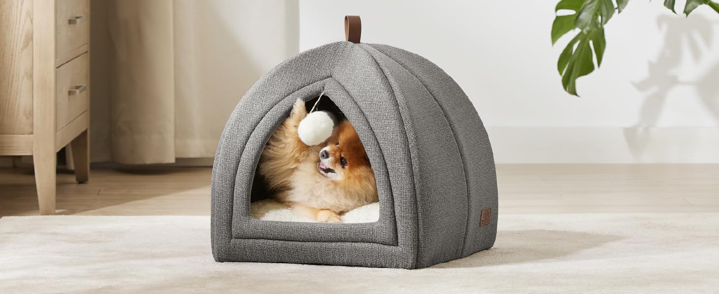 Ліжко для котів BEDSURE велике, 44x44x44 см, хатинка для котів, з м'якою подушкою Sherpa та іграшкою, миється, бежеве