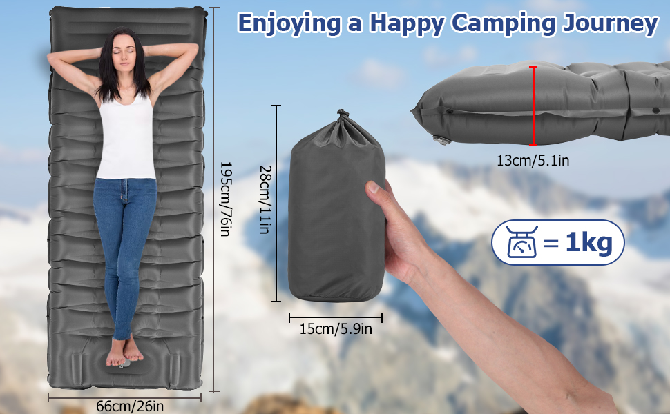 Tixexo Self-Inflating Sleeping Pad - Camping Air Mattress with Foot Pump - 13cm Thick, Spliceable, Outdoor Hiking & Camping Cushion - Grey