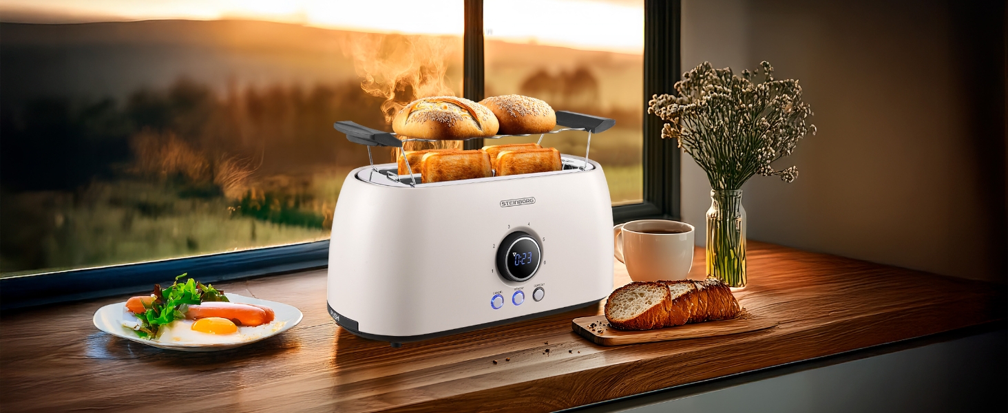 Тостер XXL 4-х секційний з підставою для бургерів | Цифровий дисплей | Автоматичне вимкнення | Тостер з широкими слотами (Бежевий Бульгур)