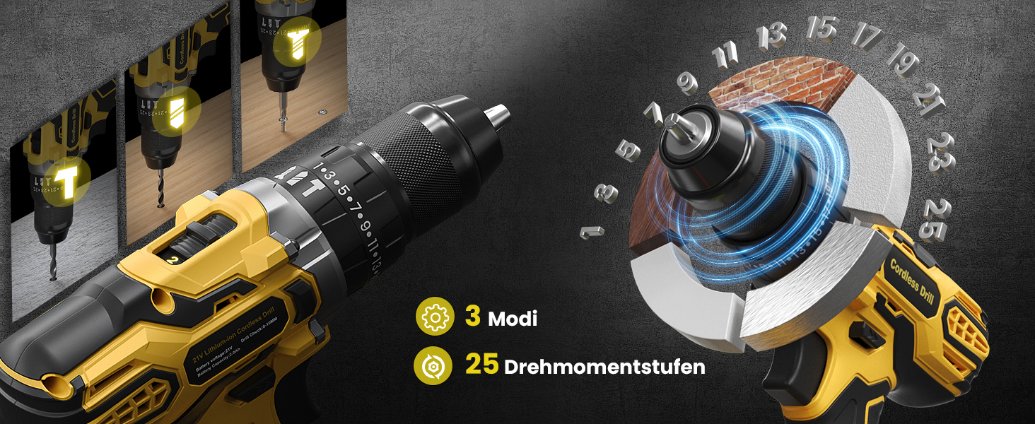 Акумуляторний дриль-шуруповерт 21V з 2 акумуляторами 2000mAh, 45Nm, 25+3 ступені крутного моменту, 10мм патрон, 27 предметів + кейс для домашніх DIY проектів