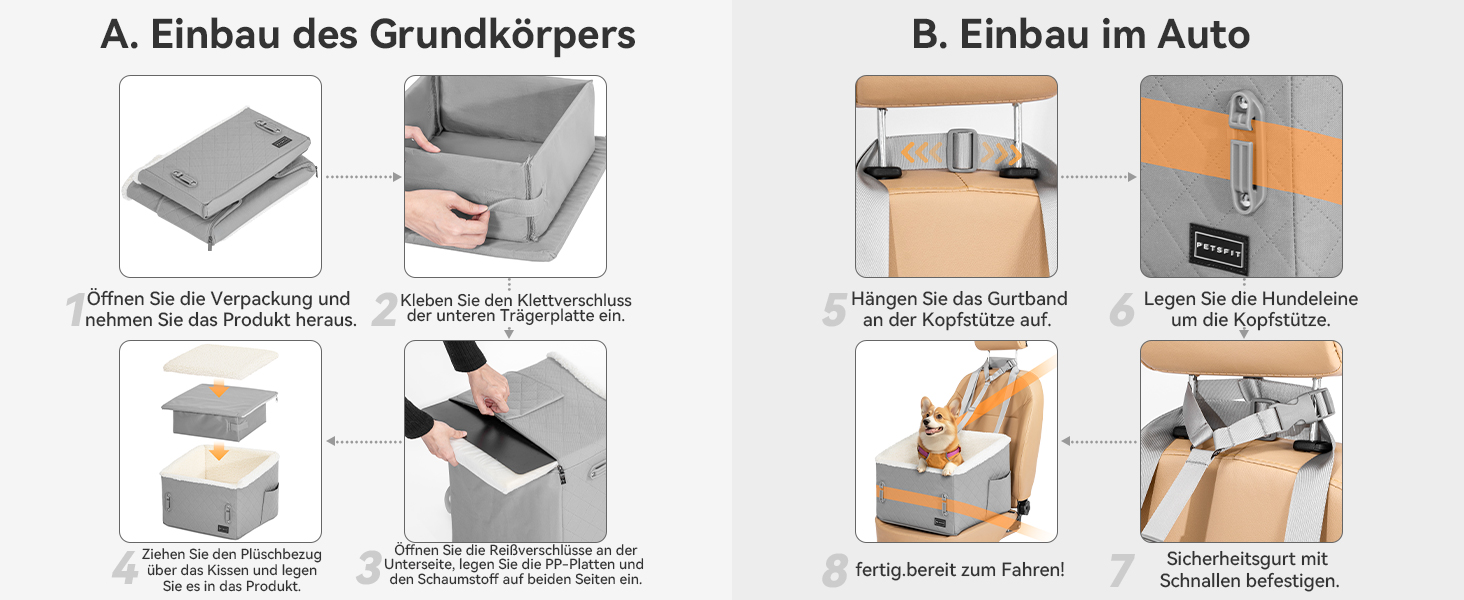 Автомобільний лежак для собак PETFIT - піднятий на 12.5 см, з патентованою системою безпеки, знімний чохол, для собак до 12 кг, біля пасажирського сидіння та на задньому сидінні (Світло-сірий, S)