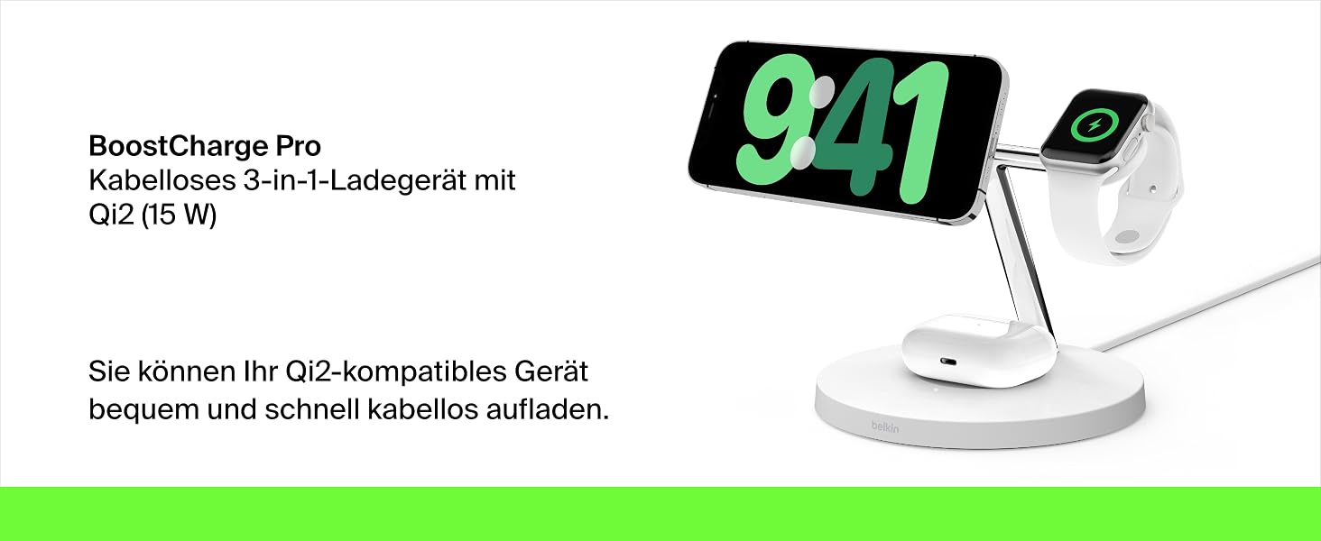 Belkin BoostCharge Pro 3-в-1 MagSafe Бездротове зарядне пристрої для iPhone 13, Apple Watch та AirPods (15W, білий, сумісний з MagSafe/Qi2)