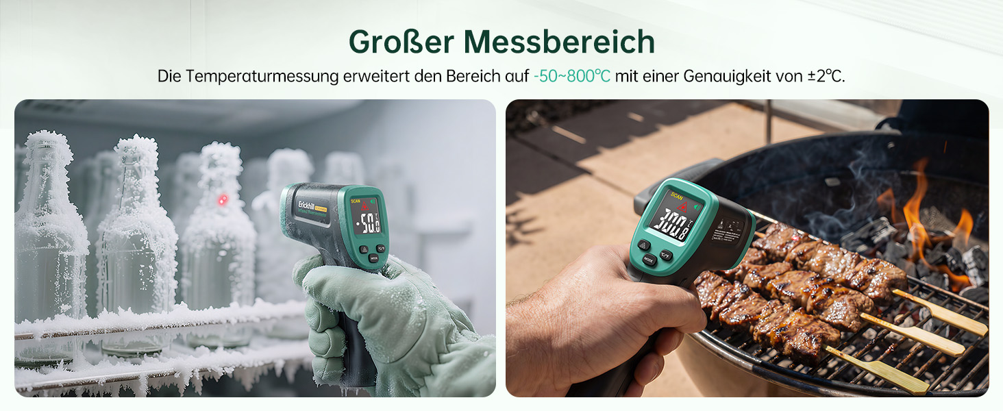 Інфрачервоний термометр ERICKHILL -50℃~800℃: безконтактний лазерний вимірювач температури з LCD-дисплеєм, регульована емісійність. Підходить для приготування їжі, грилю, заморожування, промисловості.