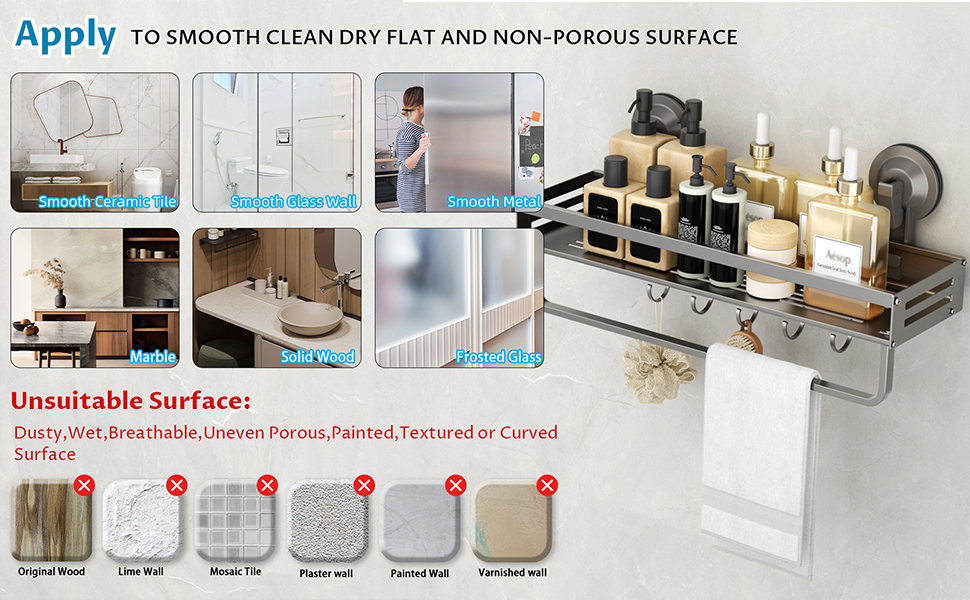 Настінна поличка для душу Onemake з присосками, 2 шт., 40 см, чорна матова