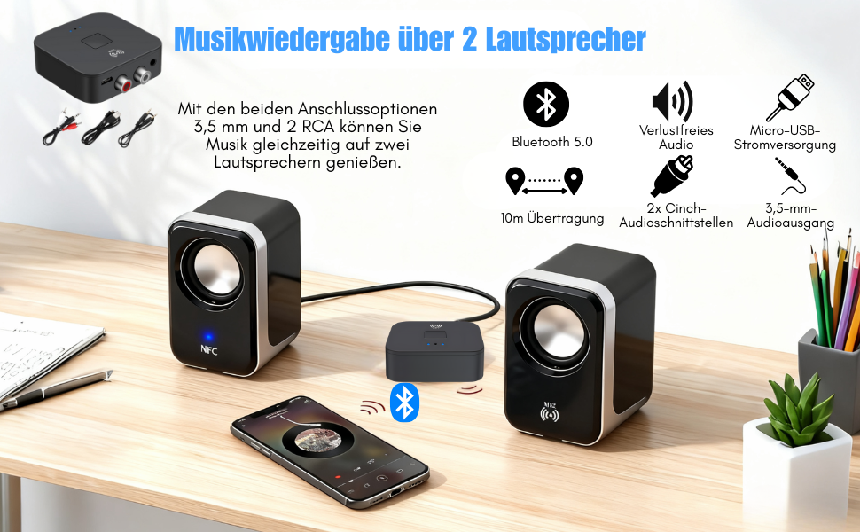 Bluetooth 5.0 Аудіоприймач: NFC, HiFi, Aux, RCA, USB. Підтримка для TV, авто, стереосистеми