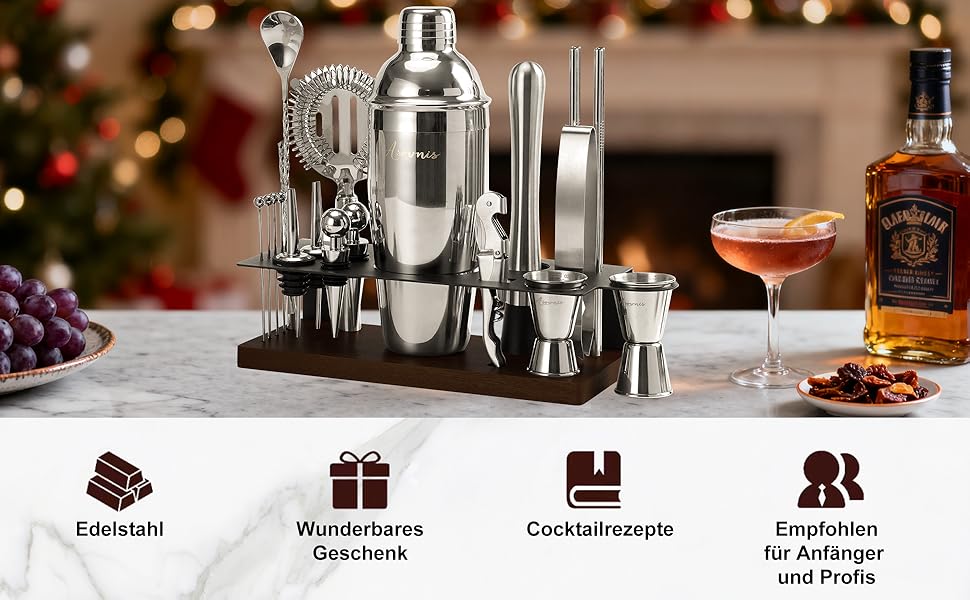 Набір бармена на 23 деталі з підставкою | Комплект шейкерів для коктейлів з усіма необхідними інструментами: шейкер Мартіні, сито, ложка, мадлер, для дому, бару, вечірки (шоколадний)
