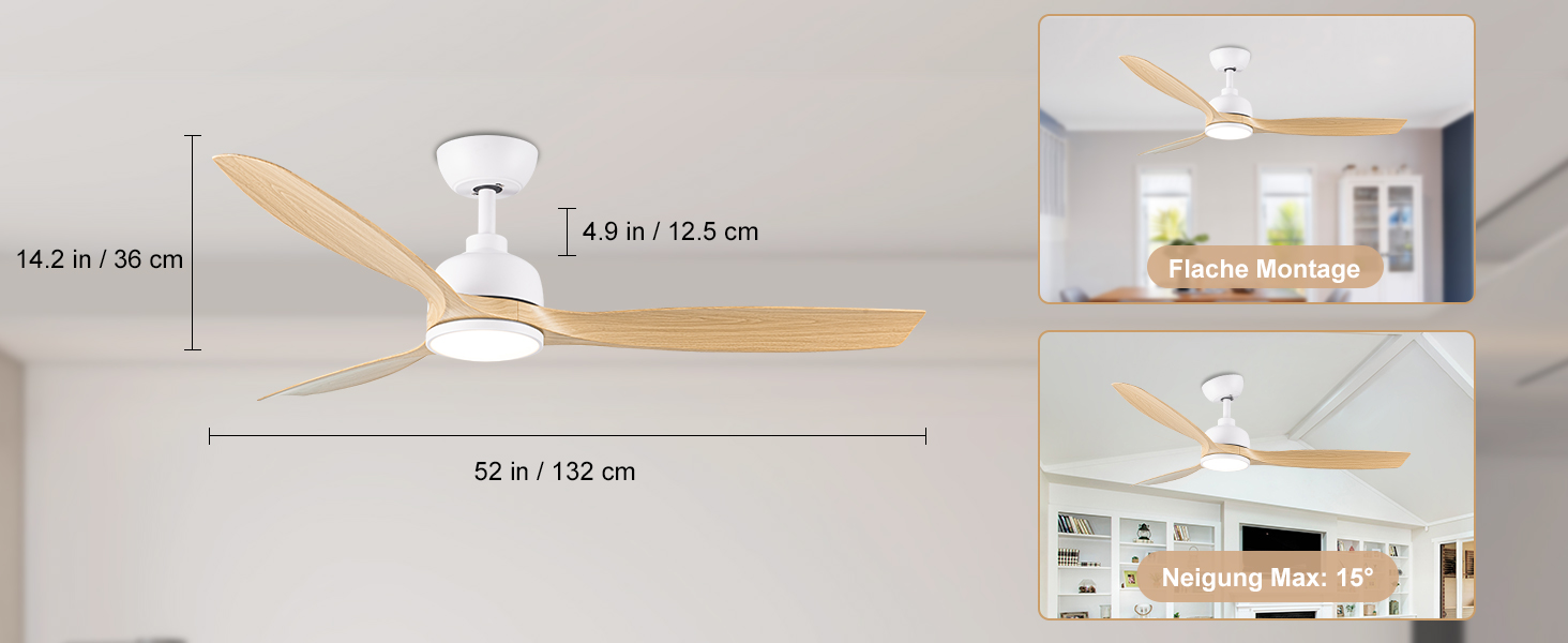 Стеляний вентилятор CJOY з підсвічуванням, 107 см, з пультом керування, DC, безшумний, з функцією зміни напрямку обертання, пам'ять 3CCT, регульована яскравість, 6 швидкостей, таймер для спальні (132 см, біле дерево)