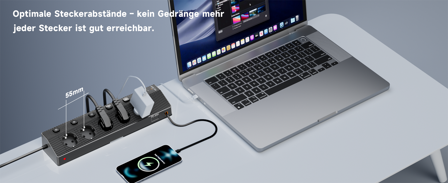 Настільний мережевий фільтр з 5 розетками та 2 USB-C (PD 30W), подовжувач з вимикачем, 4000 Вт, кабель 3м, чорний