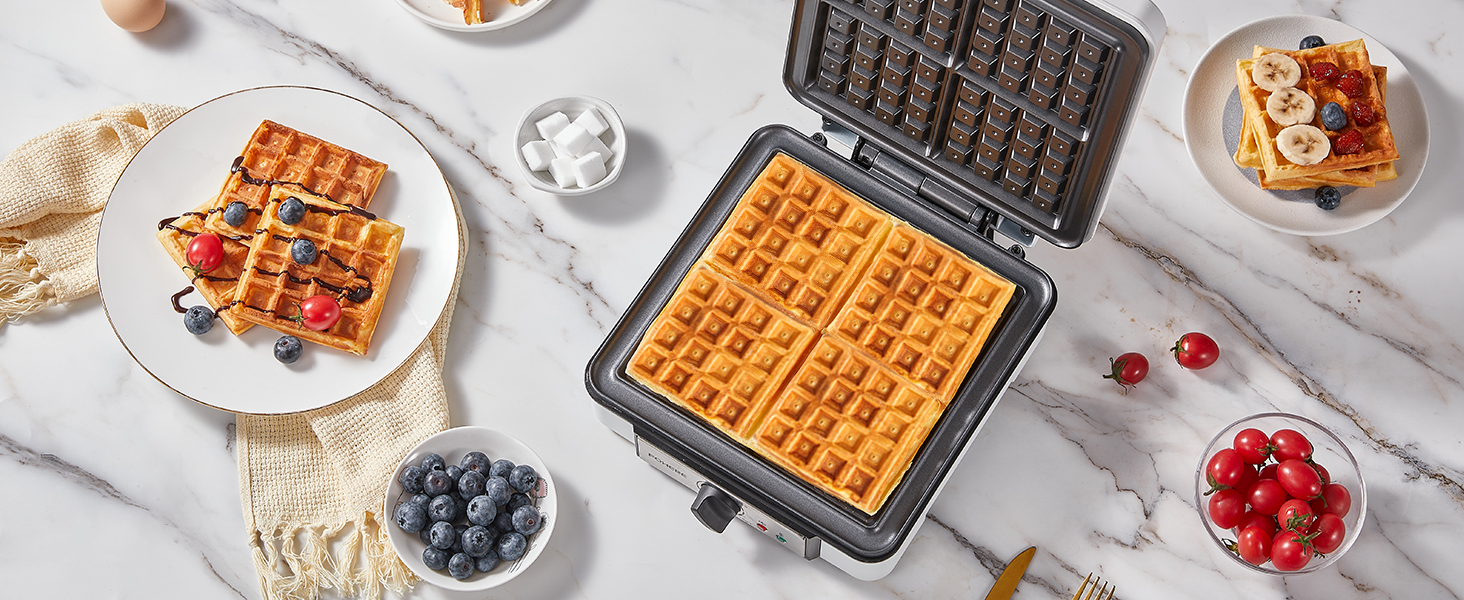 Електричний вафельниця FOHERE 4 вафлі, XXL, антипригарне покриття, Paninigrill, вафельниця для тостів, 1200 Вт