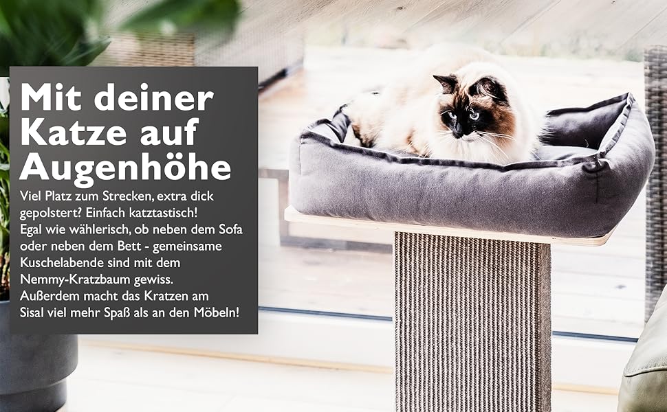 Nemmy Преміум когтеточка для котів, мала, беж, широка стійка, котяче ліжко з подушкою, дерев'яний сучасний дизайн