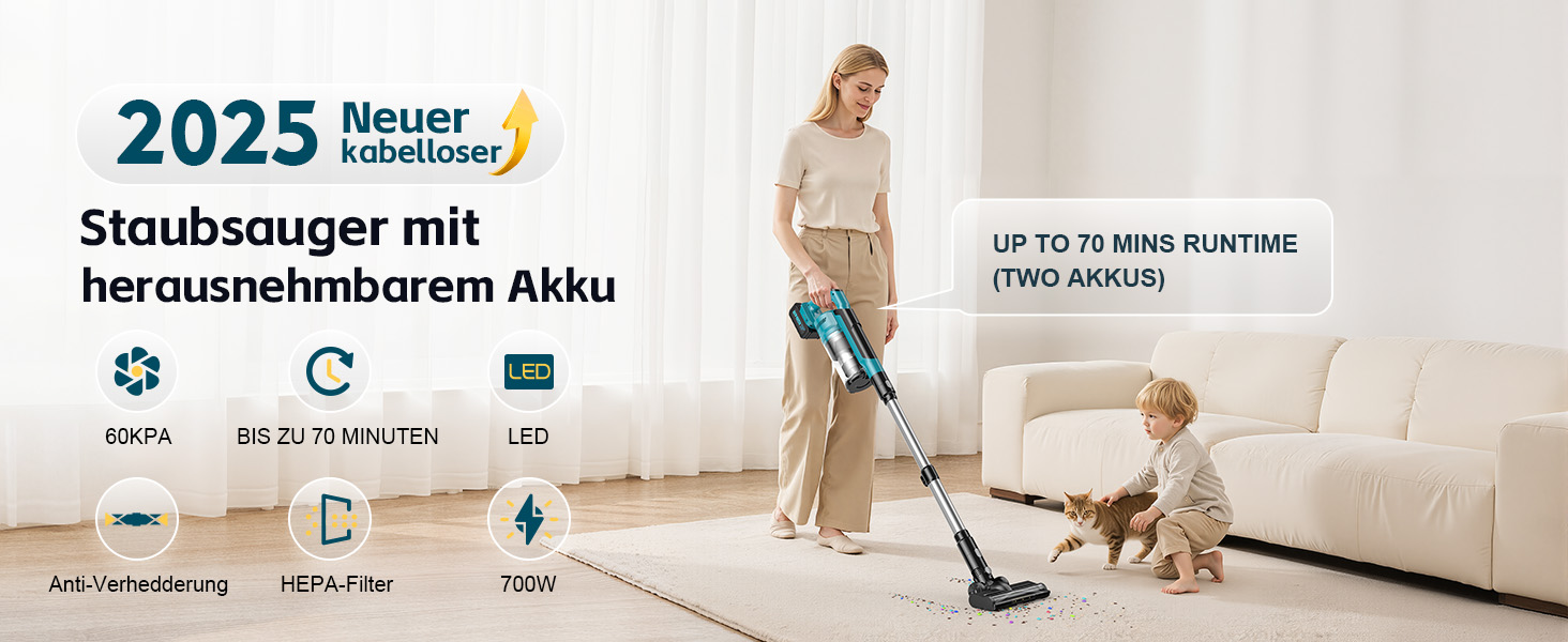 Акумуляторний пилосос 700W з безщітковим мотором, 60000Pa, 70 хвилин роботи, Smart Display, захист від заплутування, для твердих поверхонь та шерсті тварин