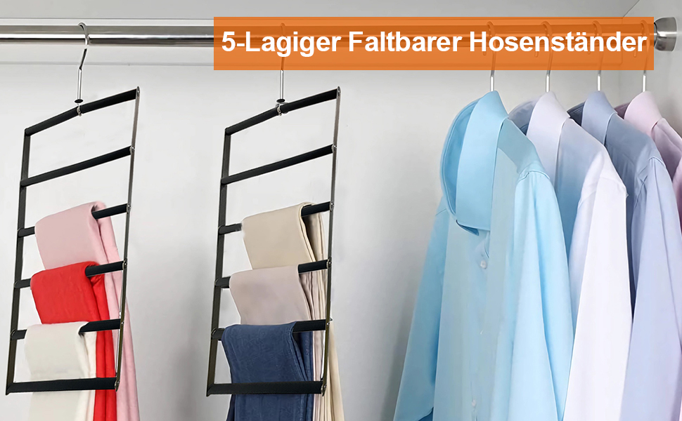 Collapsible Pants Hanger, Space-Saving Pants Hanger, Foldable Non-Slip Pants Rack Made of Stainless Steel, Multifunctional Closet Organizer, Holds Multiple Pants, Jeans, Scarves, Black