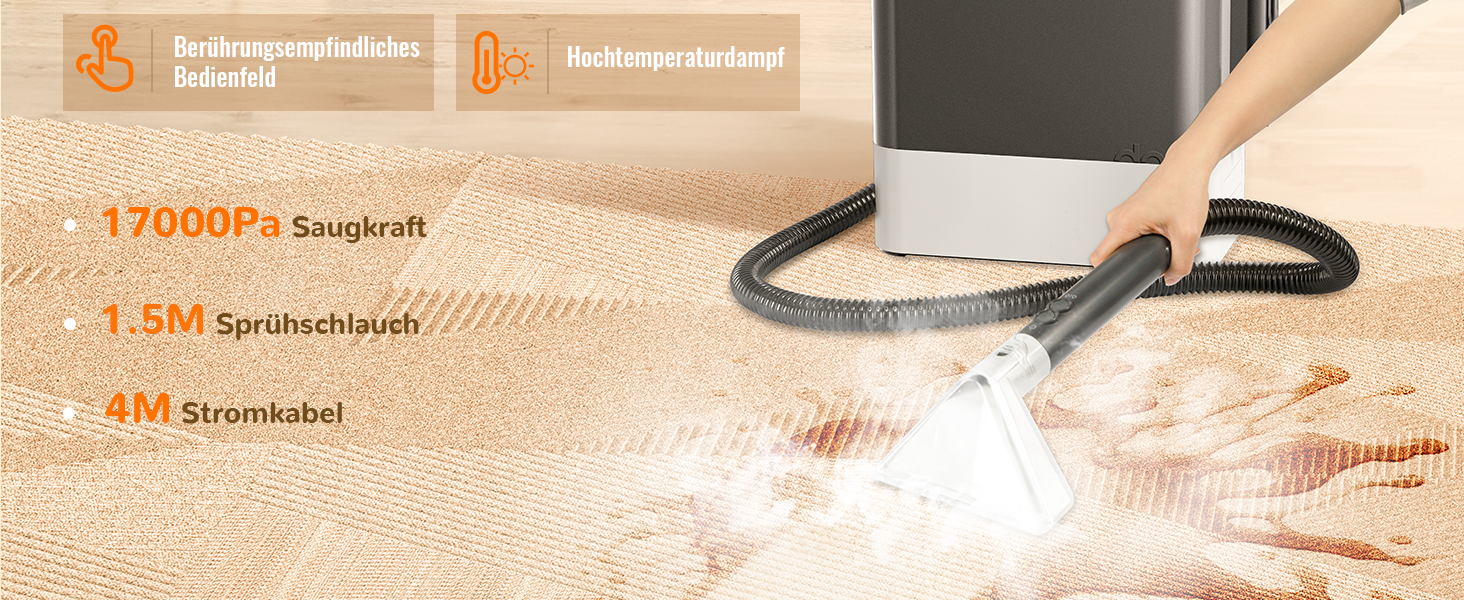 Пилосос для м'яких меблів з пароочищувачем, 17000PA, чорний. Апарат для чищення м'яких меблів з функцією гарячої води та високої температури, вбудованим резервуаром для води, 3 насадки, функція точкового очищення