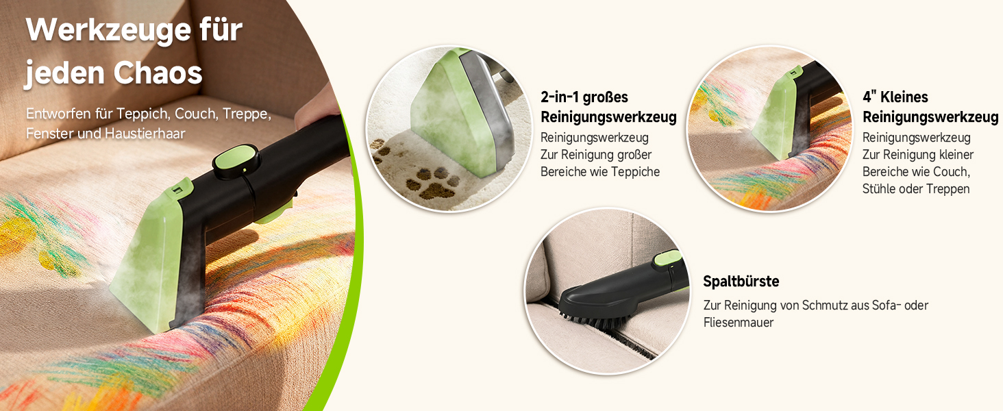 Пылесос для мытья с паром AAOBOSI, 17KPa, для ковров и обивки, с голосовым оповещением, самоочистка, 4 насадки, 1800W, зеленый - для диванів, авто, килимів та сходи