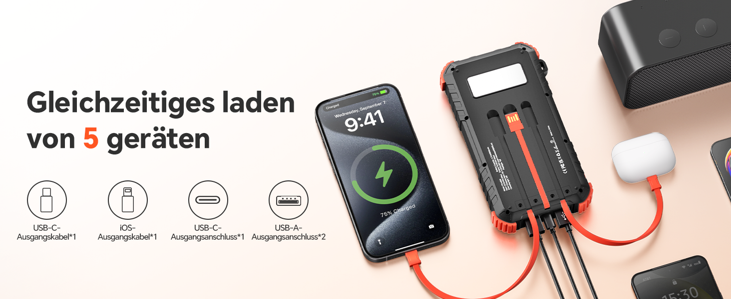 Сонячний Power Bank 26800mAh з PD15W, USB-C, 5 виходів, 3 входи, водонепроникний, з 3 кабелями, 2 ліхтариками та карабіном для кемпінгу, оранжевий