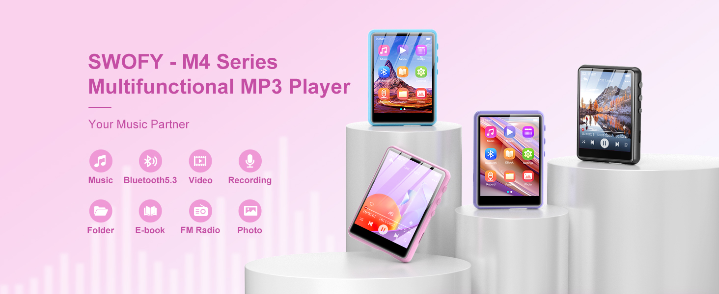 MP3 плеєр SWOFY з Bluetooth 5.3, 64ГБ, HiFi звук, вбудований динамік, FM-радіо та диктофон, 2.4