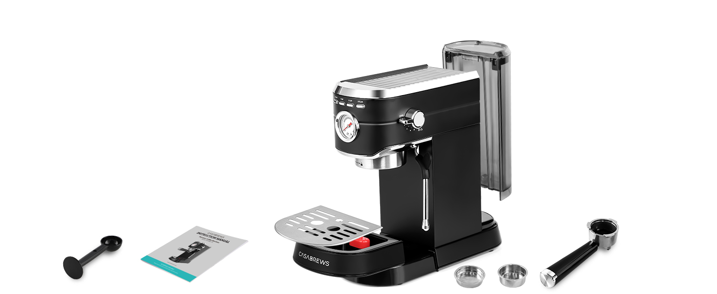 CASABREWS Еспресо-кавомашина Siebträger з нержавіючої сталі, 20 Bar, з професійним капучинатором, компактна для еспресо, капучино, лате макіато, об'єм бака 1л, чорна