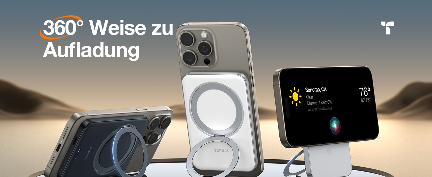 Портативний зарядний акумулятор TORRAS MagSafe 5000mAh з кільцем для iPhone 16/15/14/13/12. Бездротова зарядка, USB-C, швидка зарядка, білий