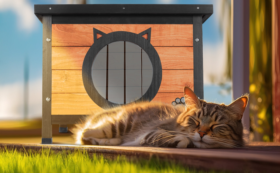 Будинок для котів VOUNOT® з асфальтовим дахом, вулиця, 57 x 45 x 43 см (дерево, вушка кота)