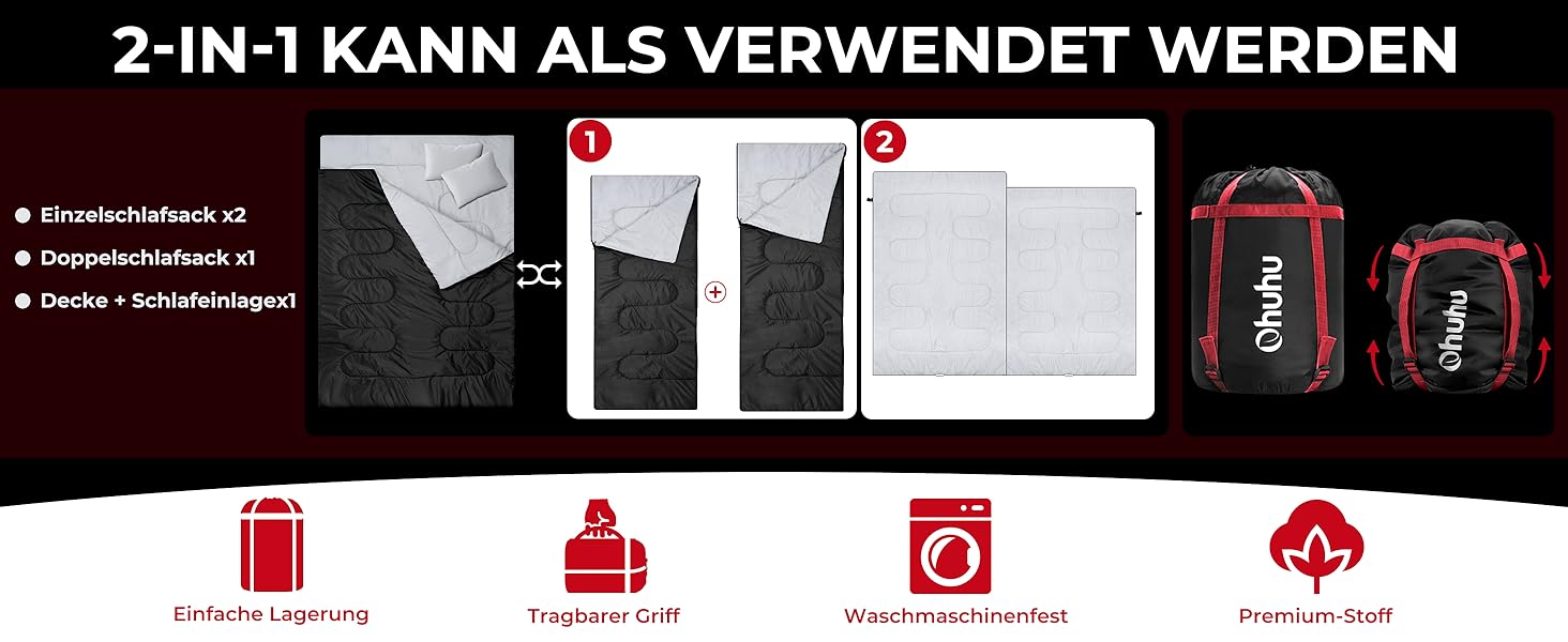 Спальний мішок на дво персони Ohuhu 220x150 см, чорний - для кемпінгу, подорожей, сім'ї та фестивалів