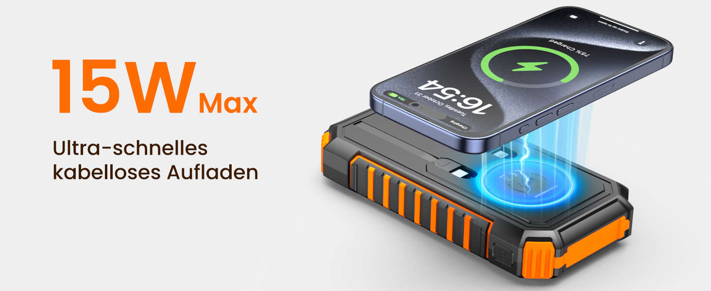 Сонячний Power Bank Riapow 27000mAh з сонячною панеллю, 22.5W, USB-C PD QC 3.0, LED-ліхтарик, 2 кабелі, для телефону та планшета, помаранчевий