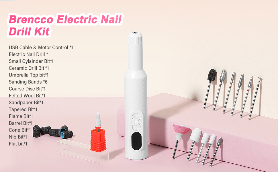 Професійний бездротовий апарат для манікюру та педикюру Brencco, 12 в 1, 18000 об/хв, 8 насадок, зарядка Type-C, для дому та салону