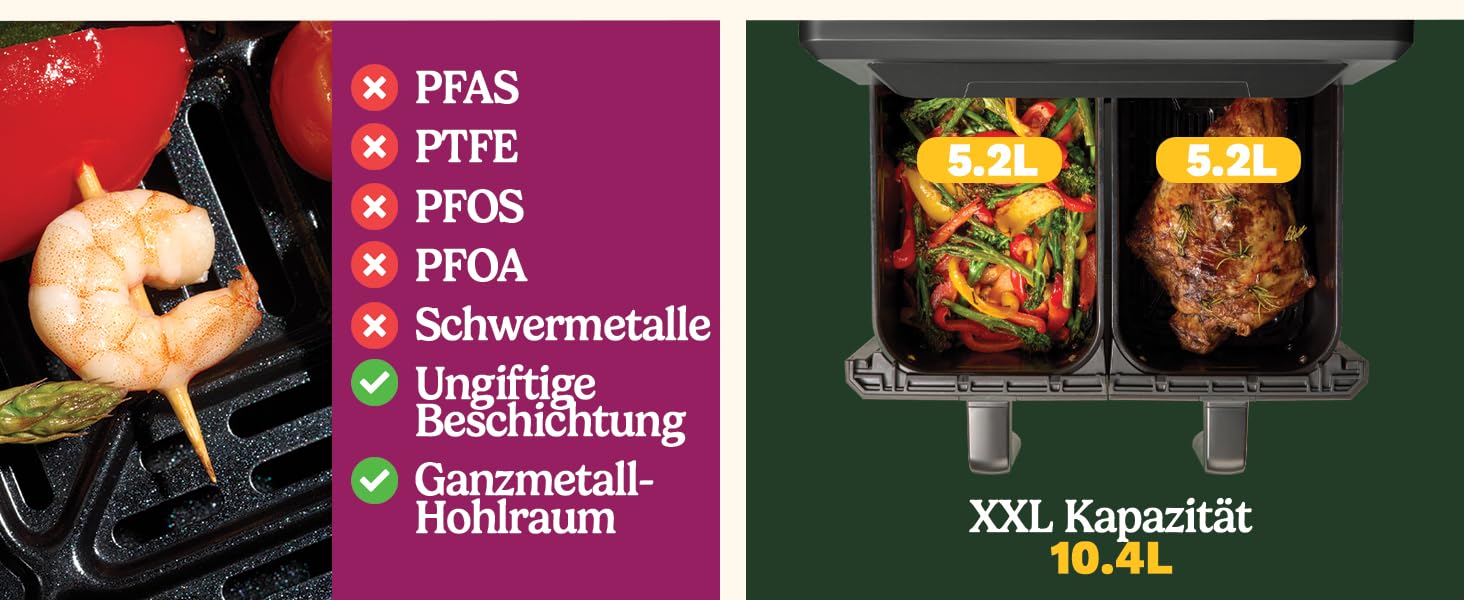 Фритюрниця Cuisinart XXL 10.4L з двома зонами, без PFAS та хімікатів, для смаження, гриля, випікання, дегідратації та підтримання тепла, 2 камери (2 x 5.2L), 8+ порцій, знімні деталі придатні для миття в посудомийній машині, чорний колір