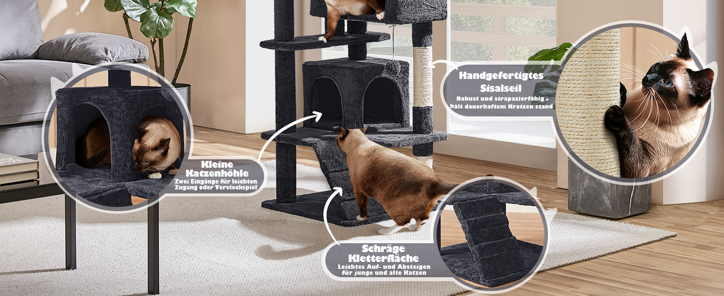 Кігтеточка-кольоротка Yaheetech 139 см, стабільна з 3 платформами, 3 стовпчиками, 2 печерами, плюшеві кульки, чорний колір