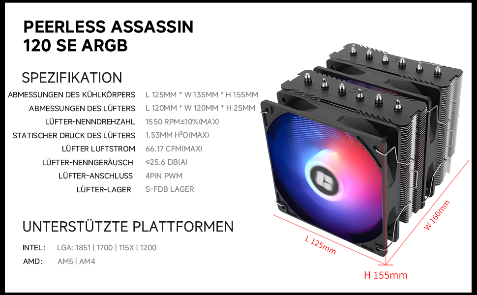 Кулер для процесора Thermalright Peerless Assassin 120 SE ARGB White — двовежевий охолоджувач для AMD AM5 та Intel LGA1700/1851, 6 теплових трубок, білий