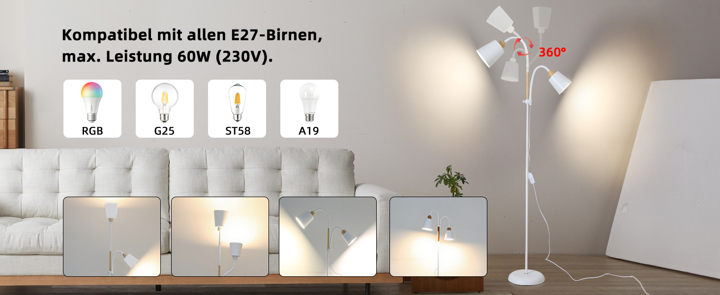 Світлодійна торшер ANTENLICHT YOYO з лампою для читання | E27, 60W | 360° регулювання | Вінтажний металевий торшер для вітальні | 159 см, зелений, без лампочки