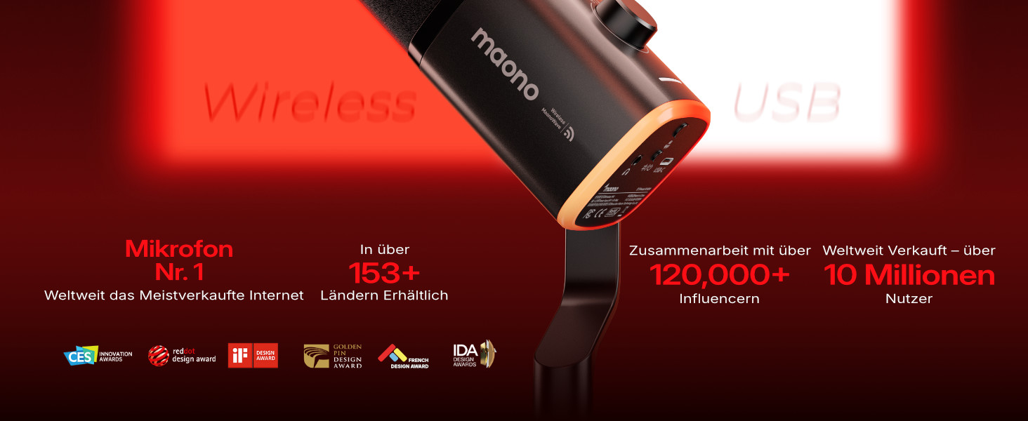 MAONO PD100W Бездротовий геймерський мікрофон 2.4GHz + USB, з шумозаглушенням ENC, для стрімінгу, запису, подкастів, ПК, PS4/5, смартфонів, чорний