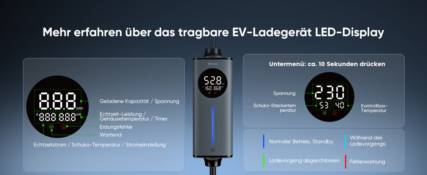 Кабель для електромобіля GONEO Typ 2 Schuko, 10м, 16A, 3.68 кВт - Портативна зарядка з захистом FI, автоматичним заземленням та контролем температури, таймер для електромобіля, сертифікат TÜV