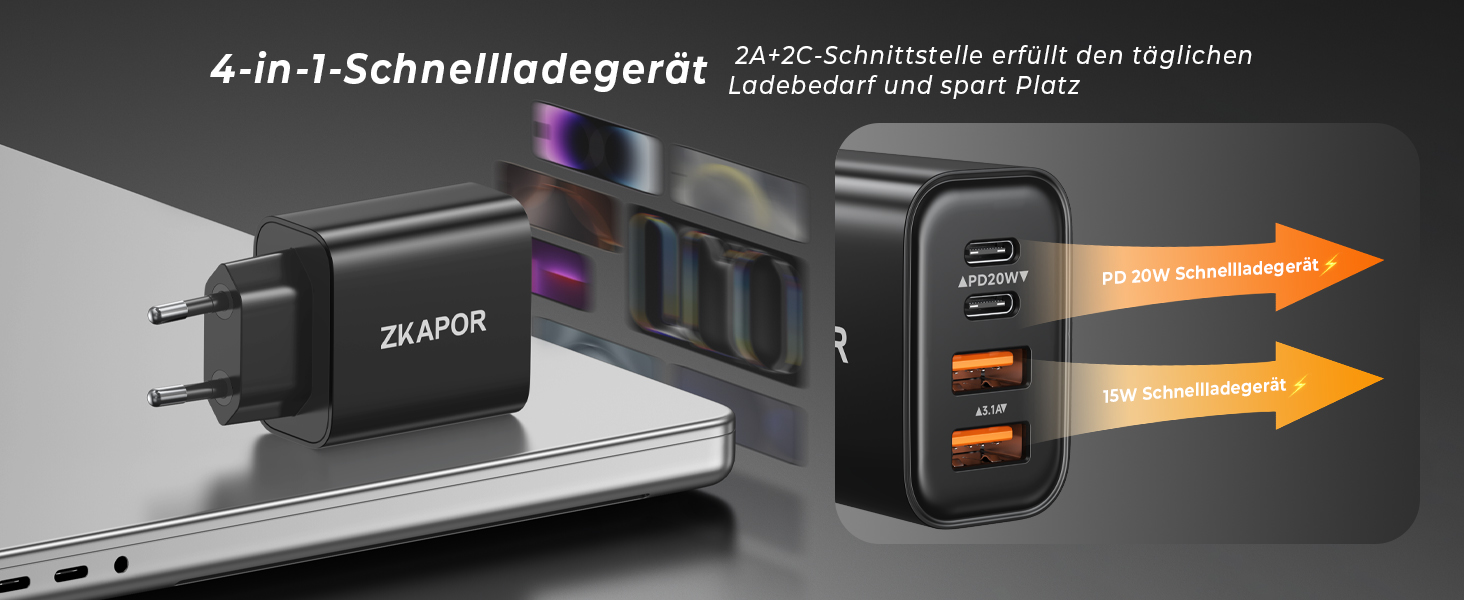 Зарядний пристрій ZKAPOR USB-C з 4 портами, 40W, з підтримкою PD та QC, для iPhone 16/15/14, Samsung Galaxy, Huawei, iPad Pro/Air, білий/чорний