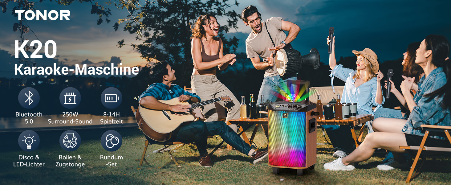 Караоке система TONOR K20 з 2 мікрофонами, Bluetooth, світлодіодна куля, для дому та вулиці