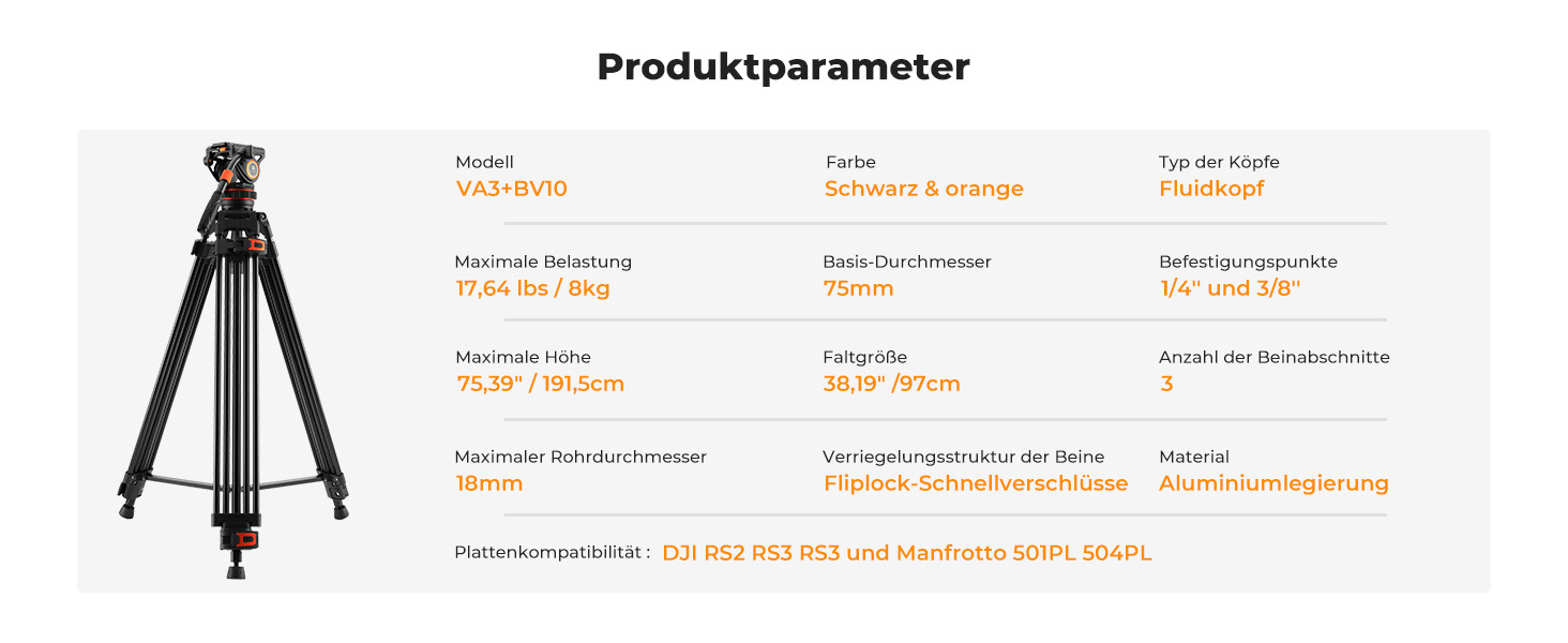 Штатив для камери K&F CONCEPT VA3+BV10: професійний відеоштатив з поворотним кріпленням, 184 см, для DSLR та відеокамер