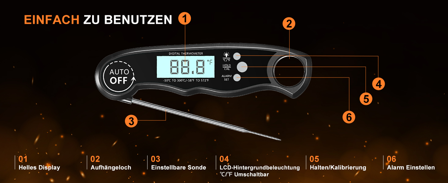 Цифровий термометр для м'яса: миттєве зчитування, для приготування на грилі та в духовці, з магнітною основою та сигналом тривоги, для кухні, барбекю та лабораторій