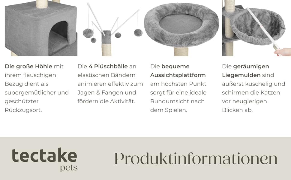 Тектейк® XXL Дерево для котів велике, з аксесуарами: лежанки, гамак, будиночок, іграшки, мотузка з сизалю, стійка для дряпання, висота 165 см, сірий | 402931