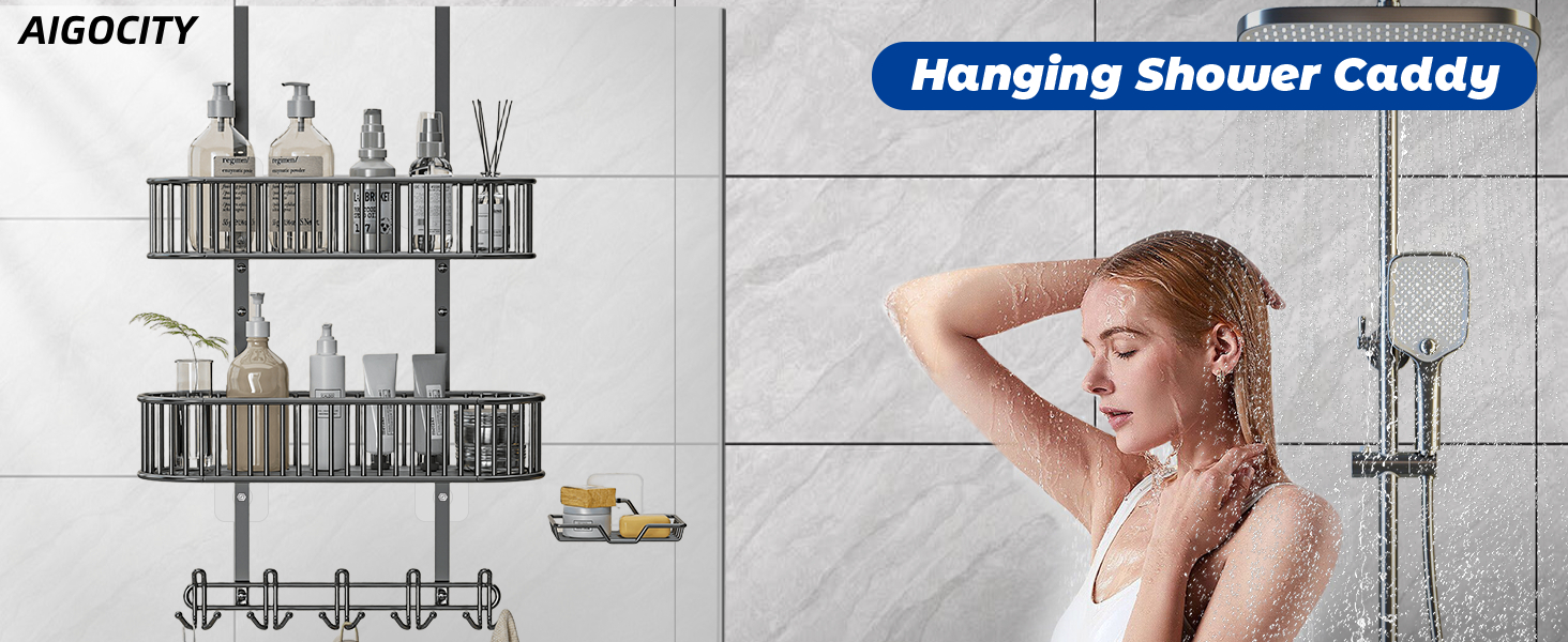 Настінна поличка для душу AIGOCITY без свердління, чорна, для скляних душових кабін, з 3 гачками, регульована висота, для шампуню та гелю для душу