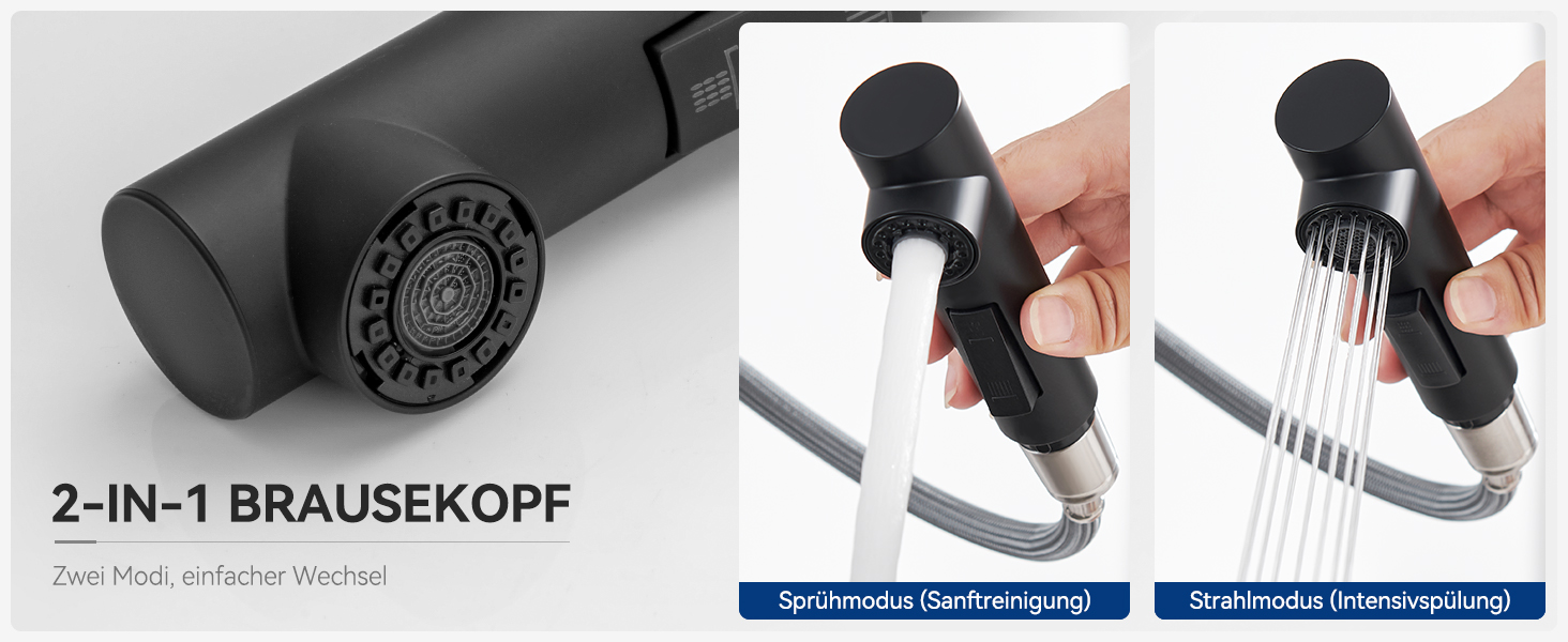 Кран кухонний CECIPA Hochdruck чорного кольору, висувна модель з душем, двома режимами струменя, поворотний на 360°, з нержавіючої сталі, ×207B (L-подібний, високий тиск)