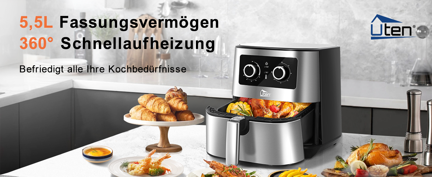 Фритюрниця без олії Uten 5.5L XXL, 1700W, таймер, антипригарне покриття, для 2-8 осіб, темно-сіра