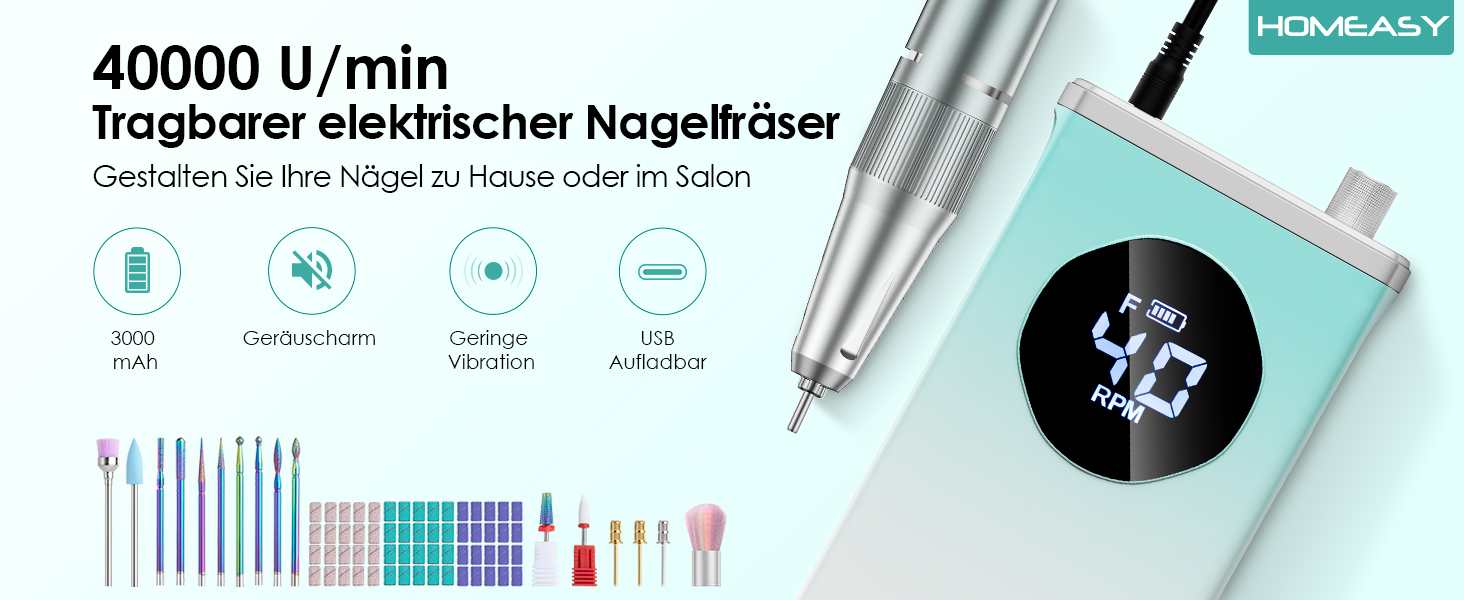 Електричний фрезер для манікюру та педикюру Profi Set 16 в 1 з LCD дисплеєм, 40000 об/хв, F/R, для гелевих нігтів, портативний, фіолетовий, блакитний, білий