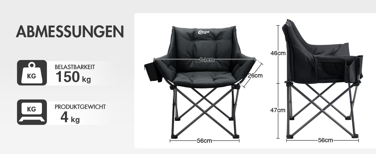 Крісло для кемпінгу складне, XXL, чорне, 150 кг, з підлокітниками, м'яке, для відпочинку на природі
