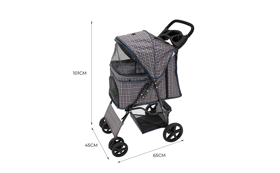 Візок для тварин Monster Shop з сумкою, знімний, складний, до 15 кг, колеса, гальма, сітчасте вікно, кошик, тримач для напоїв, кишені та водовідштовхуючий тент (синій тартан)